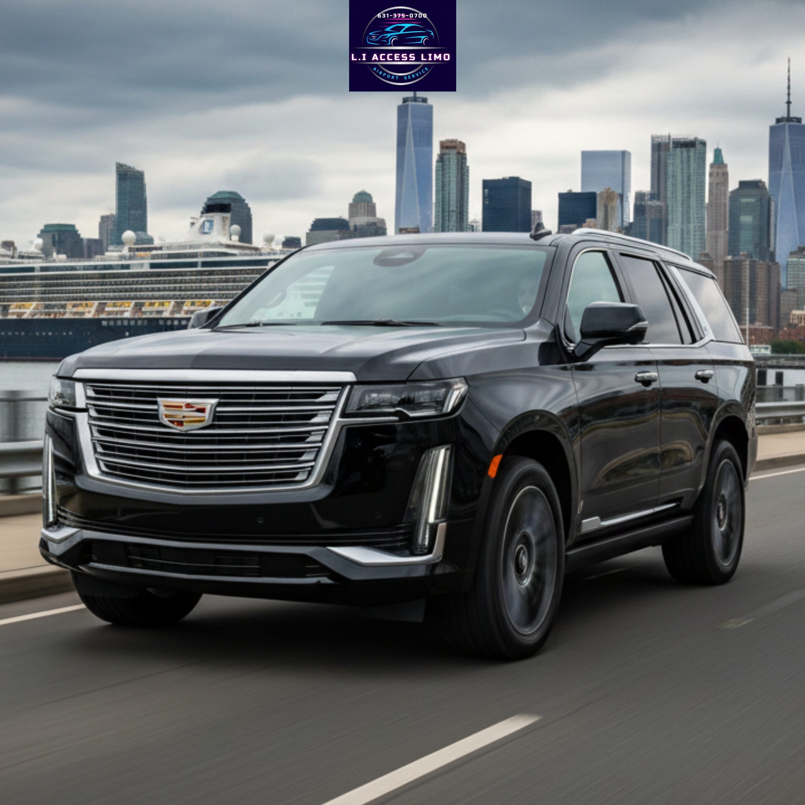 Black Cadillac SUV by L.I. Access Limo driving in the city.