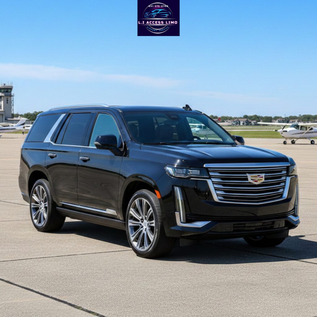 Black luxury Cadillac SUV parked on an airport runway for executive limo service