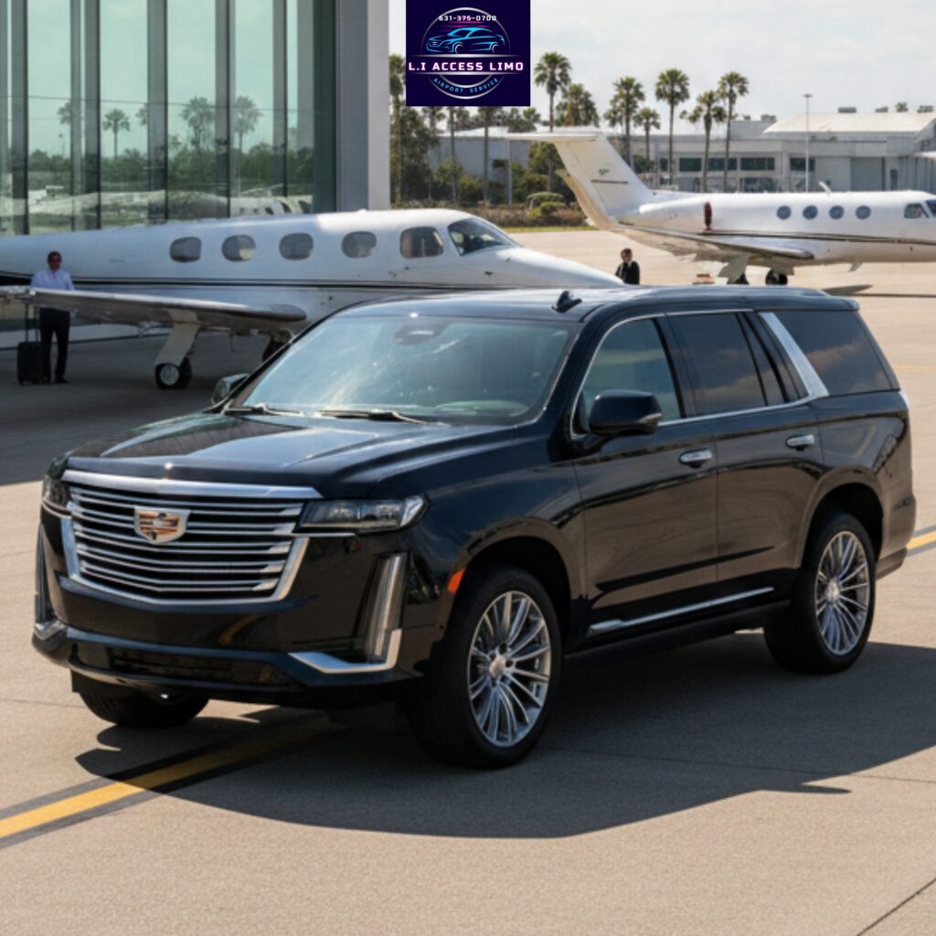 Black Cadillac SUV parked at a private airport with luxury jets in the background.