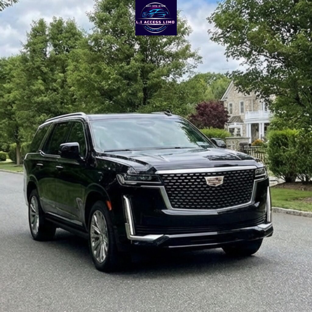 Black Cadillac Escalade parked in a residential area for L.I. Access Limo service.